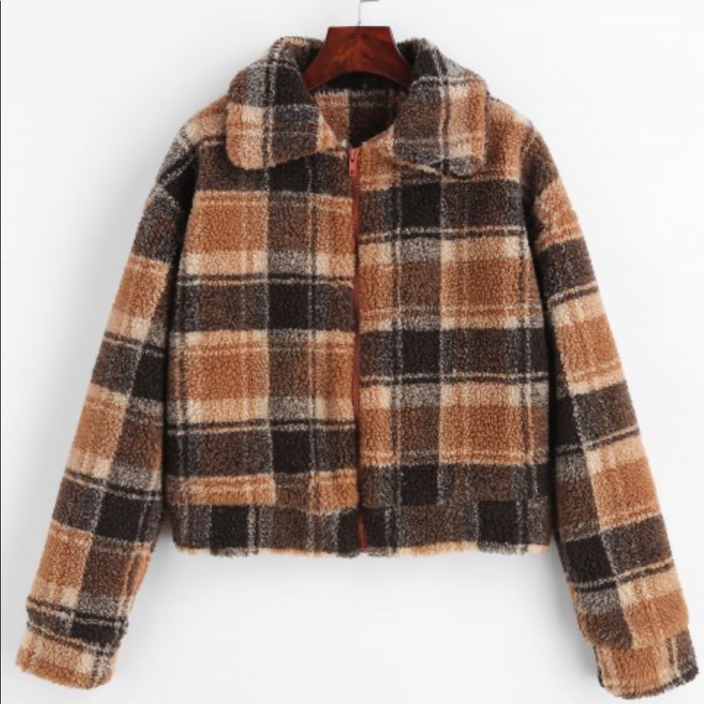 Zaful fluffy faux fur shirt plaid coat